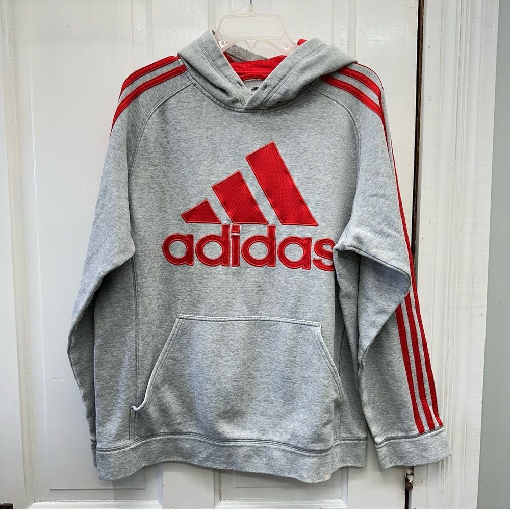 Adidas triple stripe hooded hoodie sweatshirt men's medium. grey‎ and red